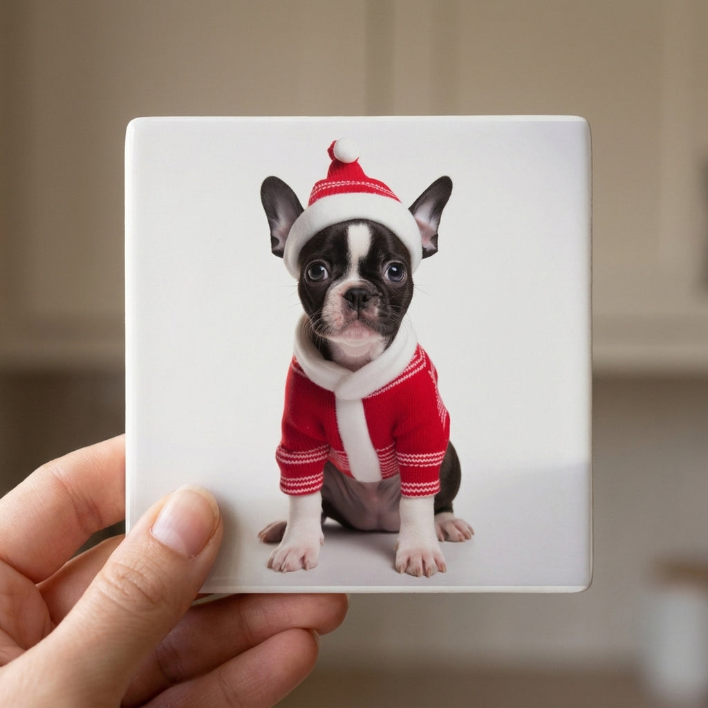 Boston Terrier Puppy ceramic coasters set of 4, in hand