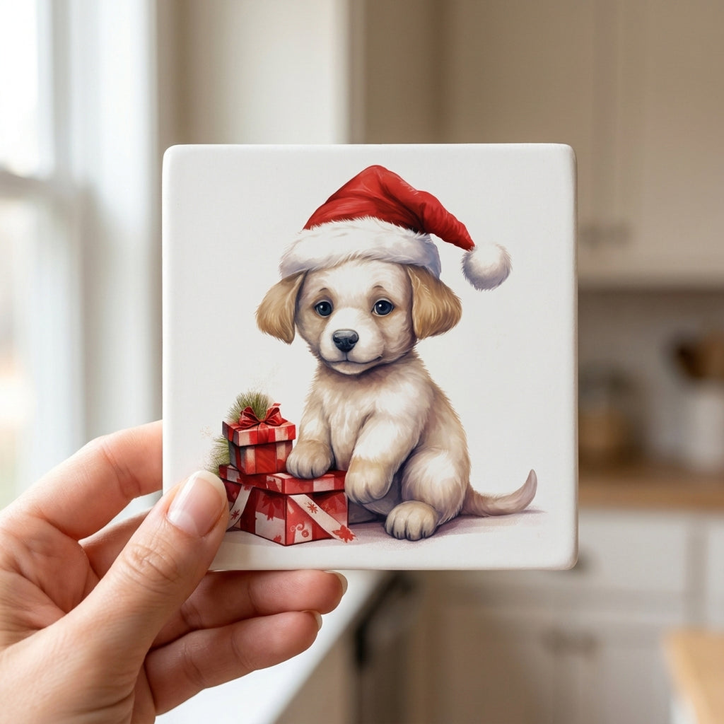 Russian Toy Puppy Drawing ceramic coasters set of 4, in hand