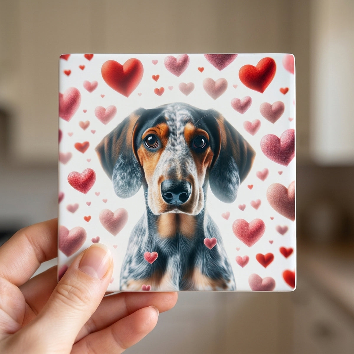 Bluetick Coonhound ceramic coasters set of 4, in hand
