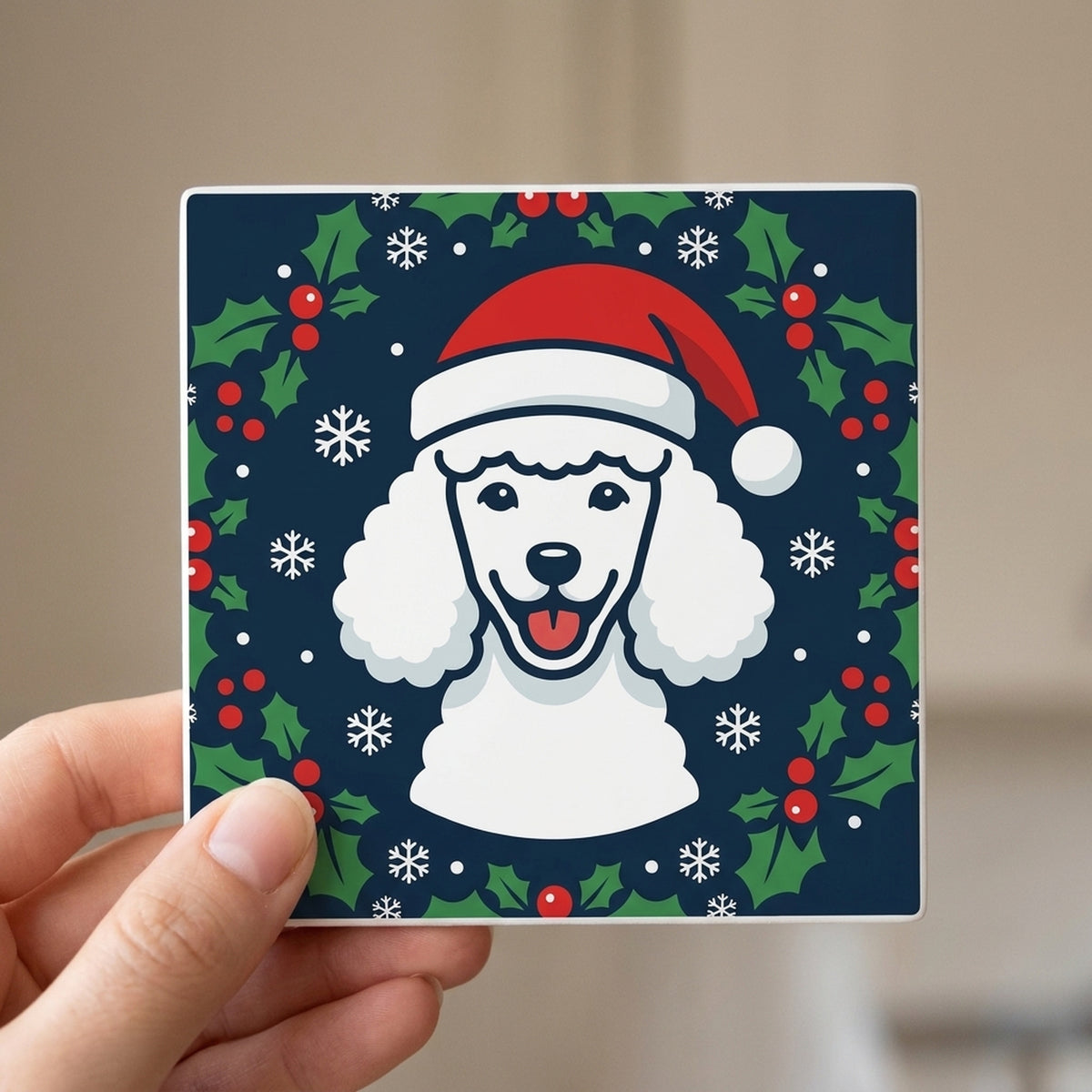Poodle Christmas Ornament Art ceramic coasters set of 4, in hand