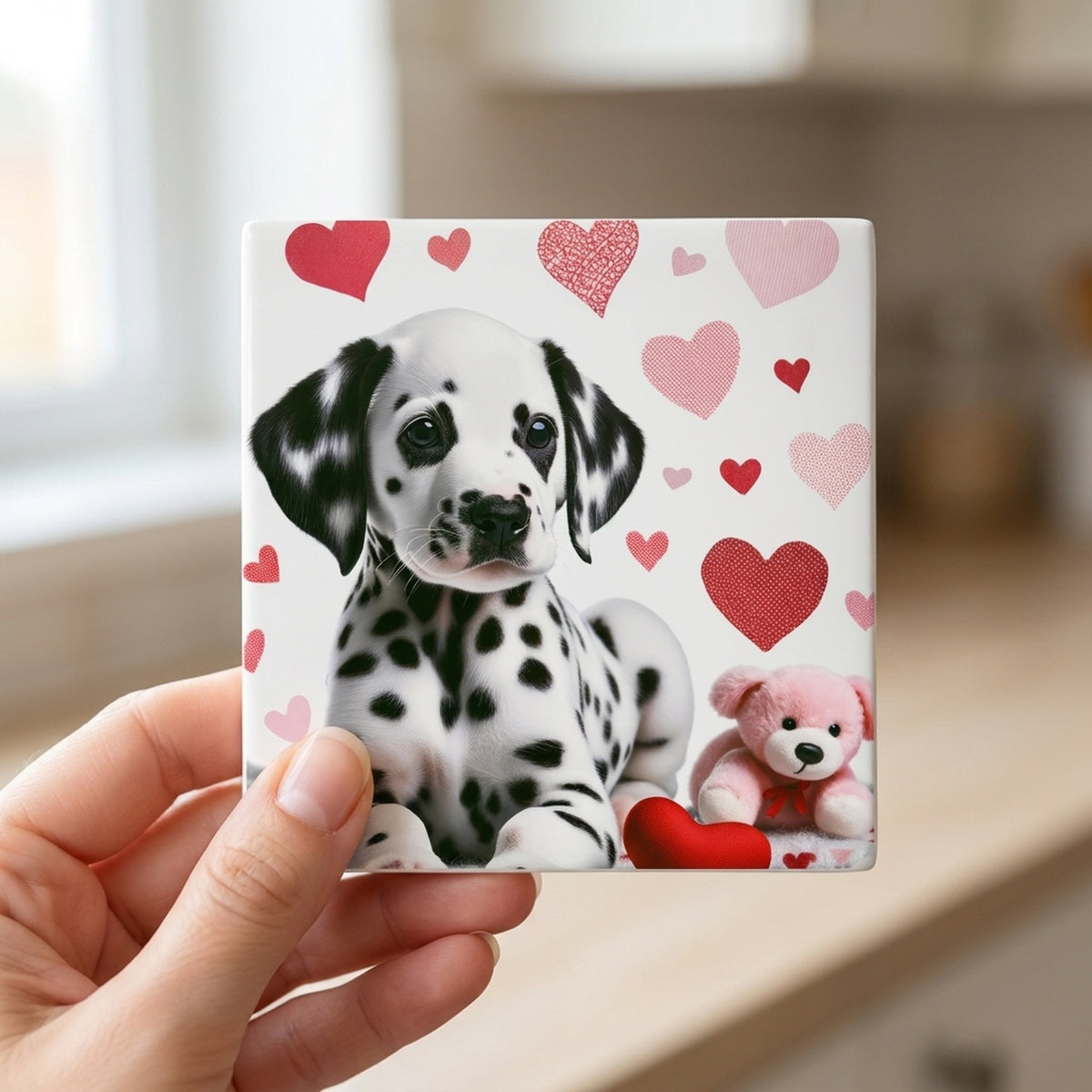 Dalmatian ceramic coasters set of 4, in hand