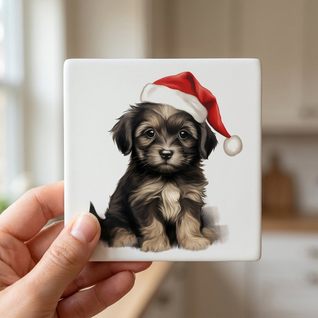 Löwchen Puppy Drawing ceramic coasters set of 4, in hand