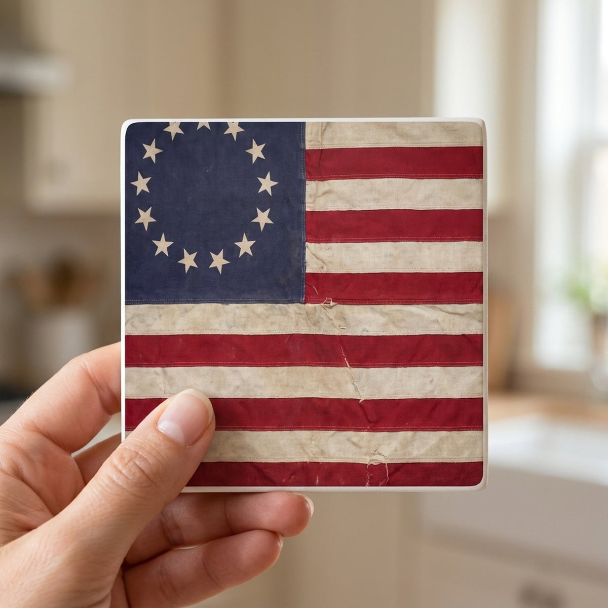 Betsy Ross 13-Star Flag ceramic coasters set of 4, in hand