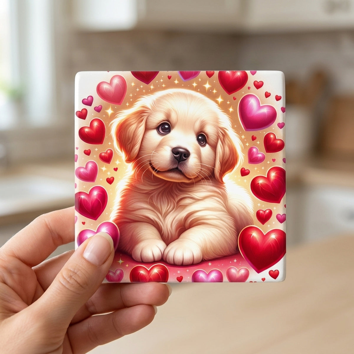 Golden Retriever ceramic coasters set of 4, in hand