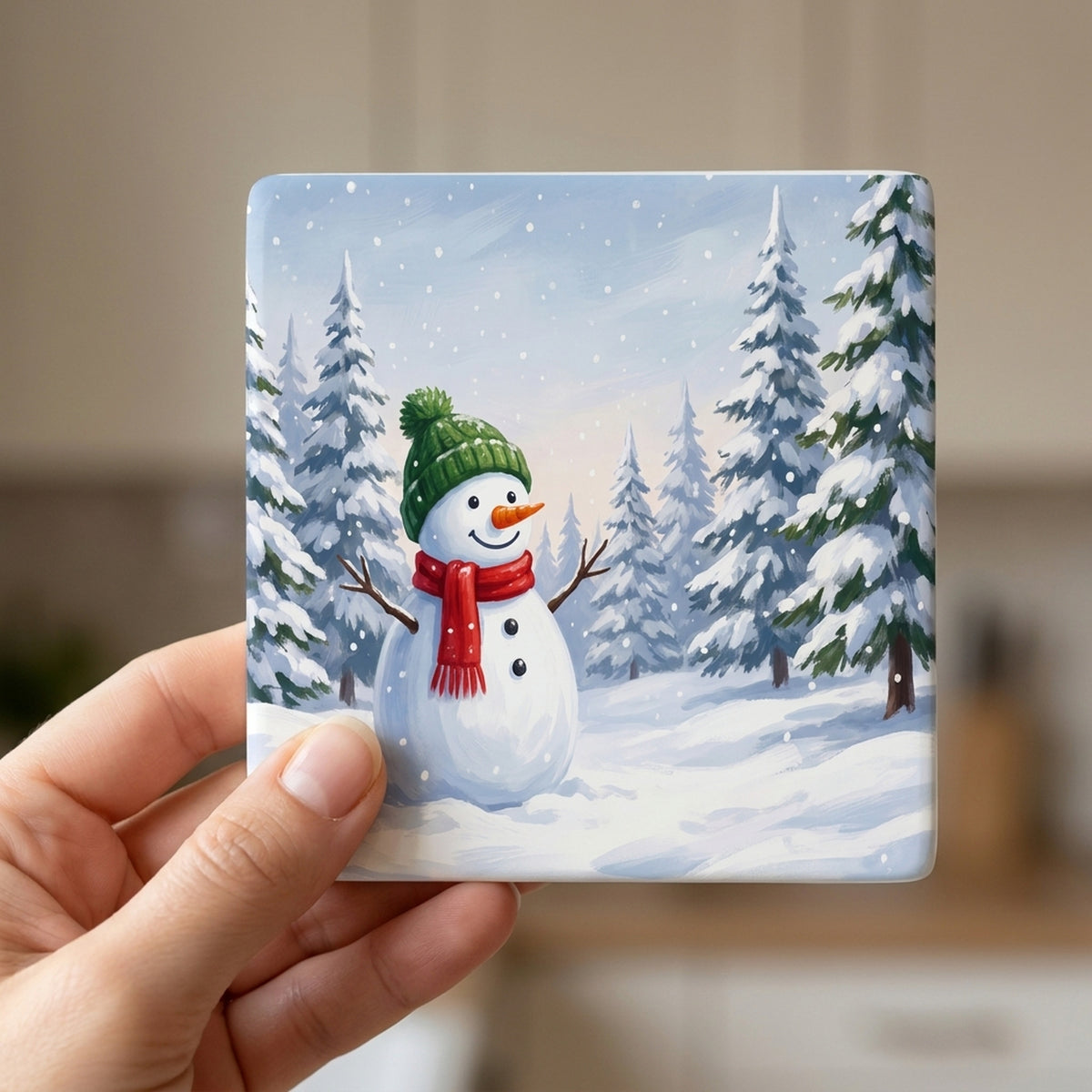 Snowman Winter ceramic coasters set of 4, in hand