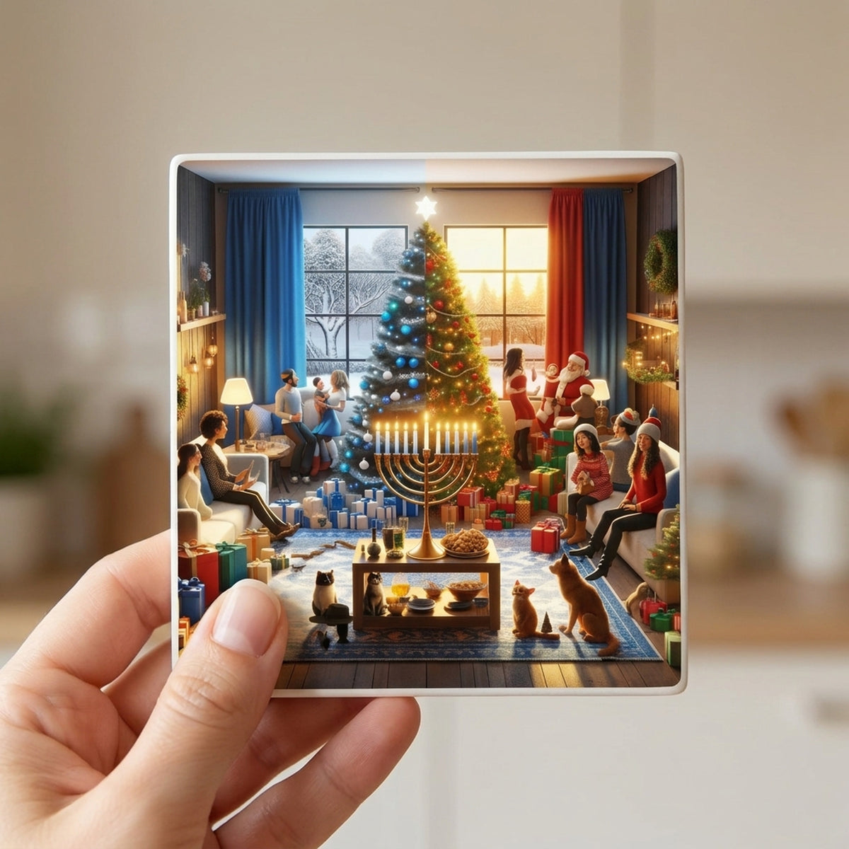 Holiday Harmony Gathering ceramic coasters set of 4, in hand