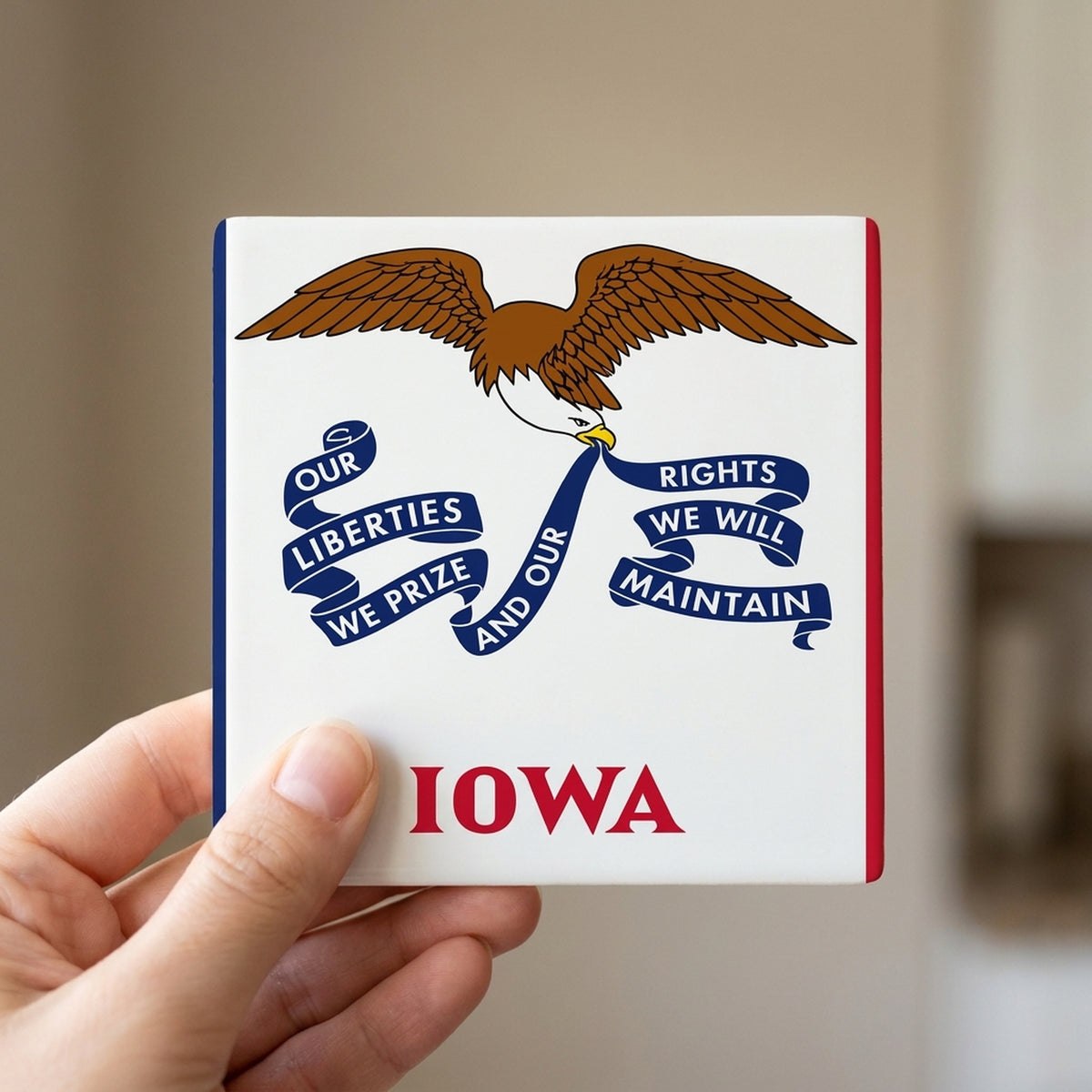 Iowa State Flag ceramic coasters set of 4, in hand