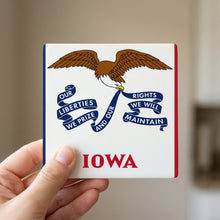 Iowa State Flag ceramic coasters set of 4, in hand