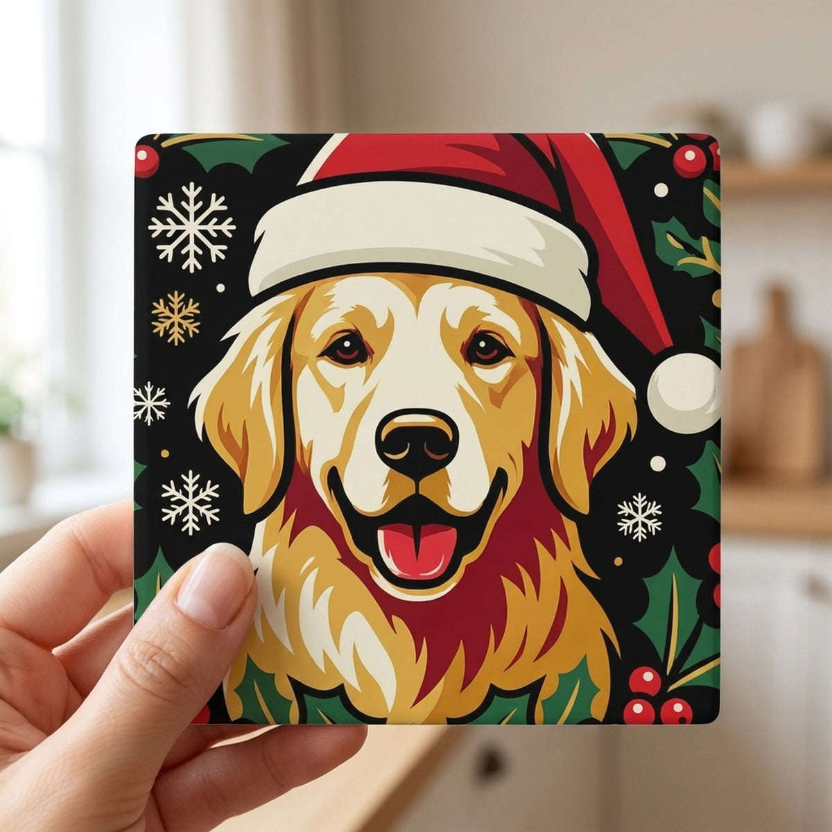 Golden Retriever Christmas Ornament Art ceramic coasters set of 4, in hand