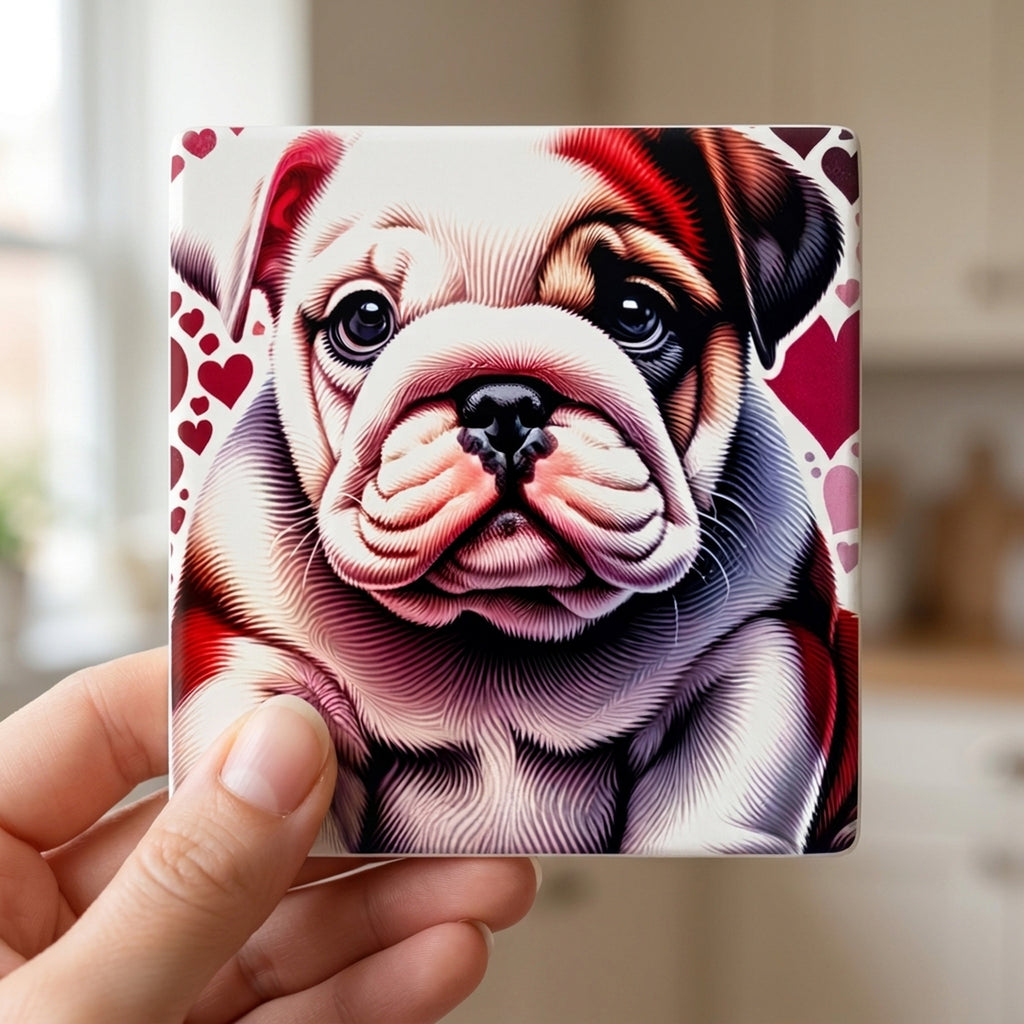 Bulldog ceramic coasters set of 4, in hand