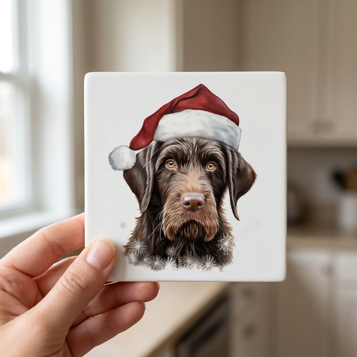 German Wirehaired Pointer Puppy Drawing ceramic coasters set of 4, in hand