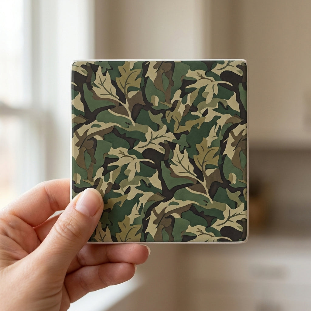 Green Camo ceramic coasters set of 4, in hand