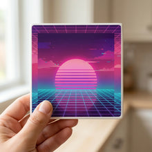 Vaporwave Sunset ceramic coasters set of 4, in hand