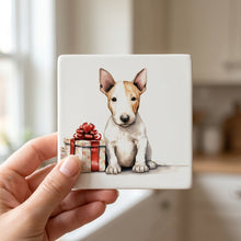 Miniature Bull Terrier Puppy Drawing ceramic coasters set of 4, in hand