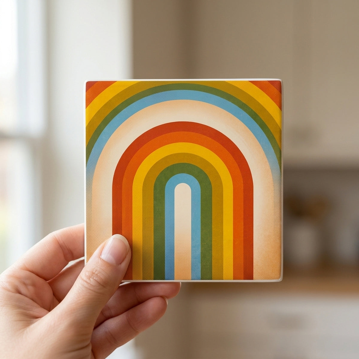 Retro Rainbow Stripes ceramic coasters set of 4, in hand