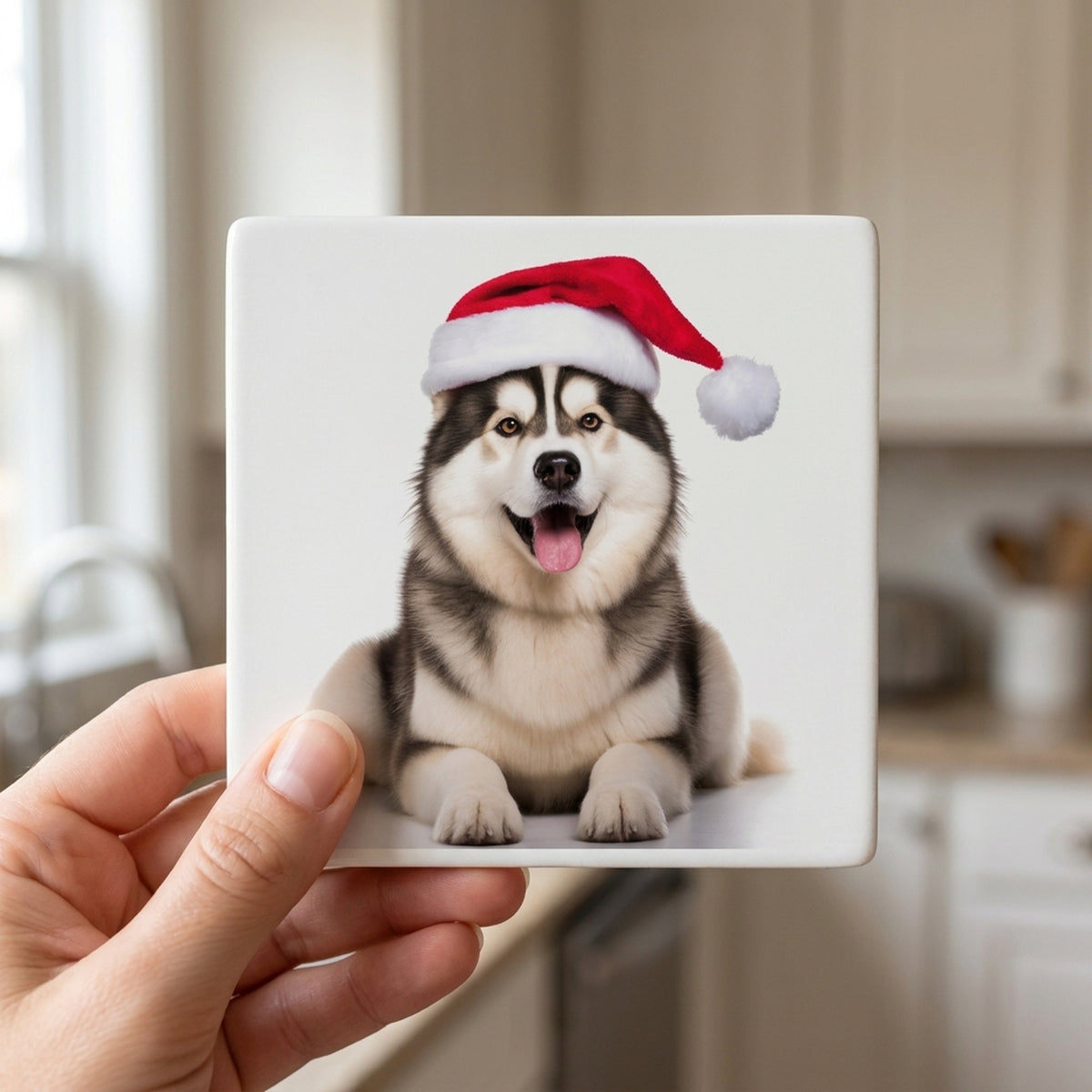 Alaskan Malamute ceramic coasters set of 4, in hand