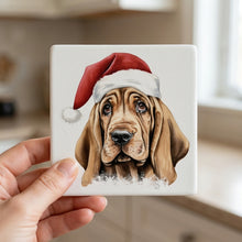 Bloodhound Puppy Drawing ceramic coasters set of 4, in hand