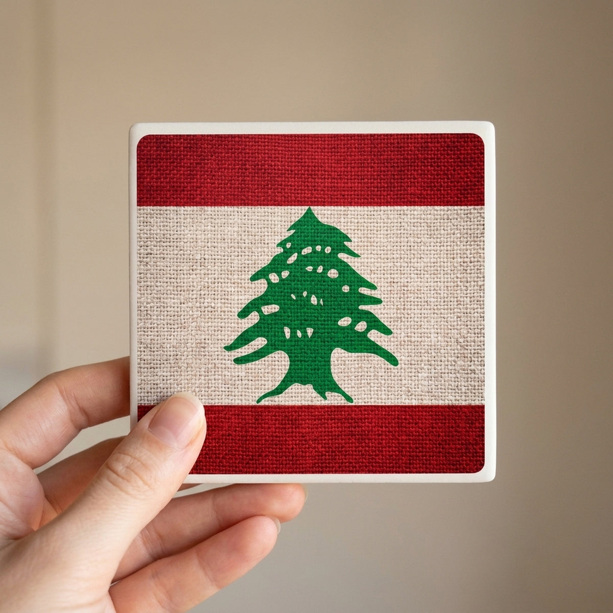 Lebanon Flag Pride ceramic coasters set of 4, in hand