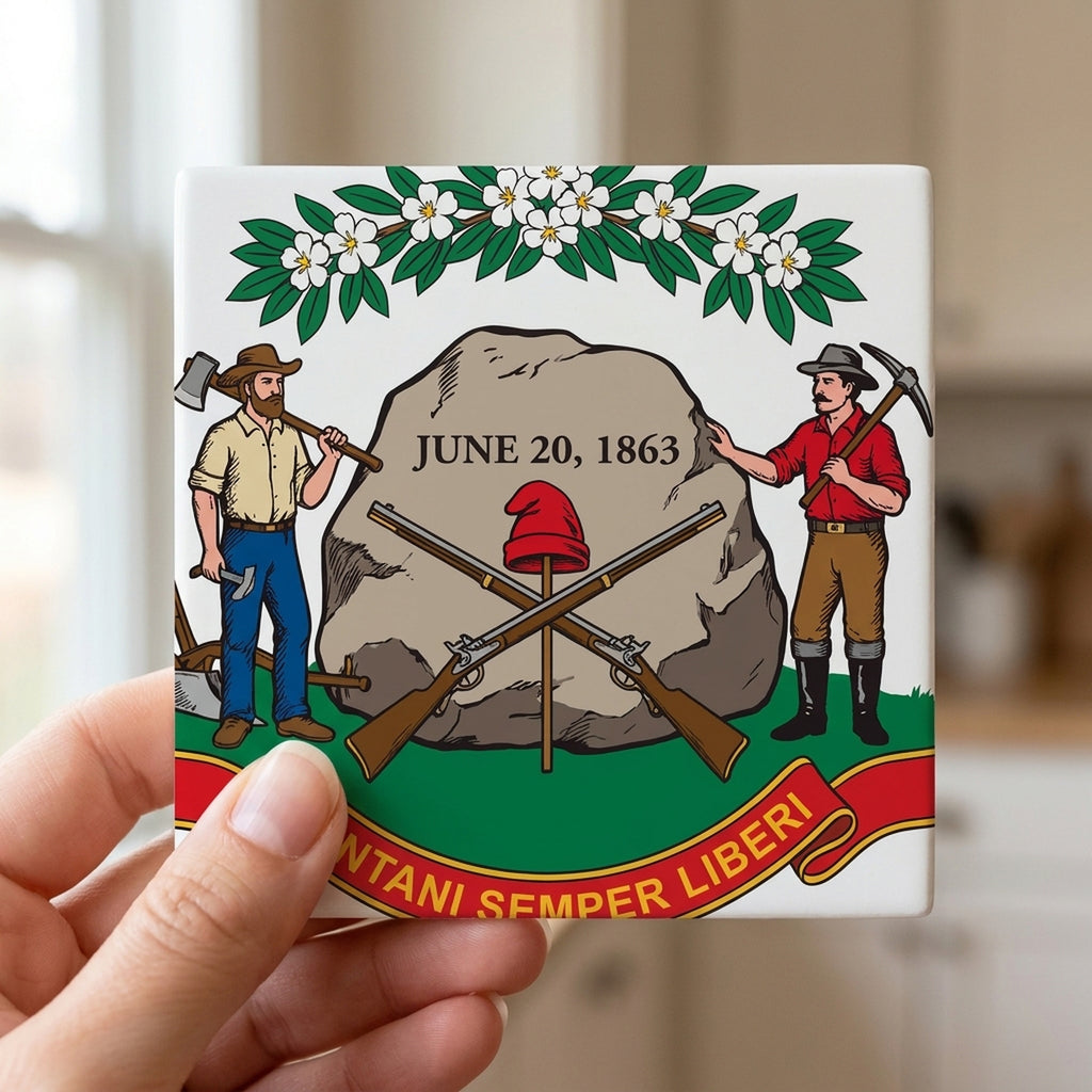West Virginia State Flag ceramic coasters set of 4, in hand