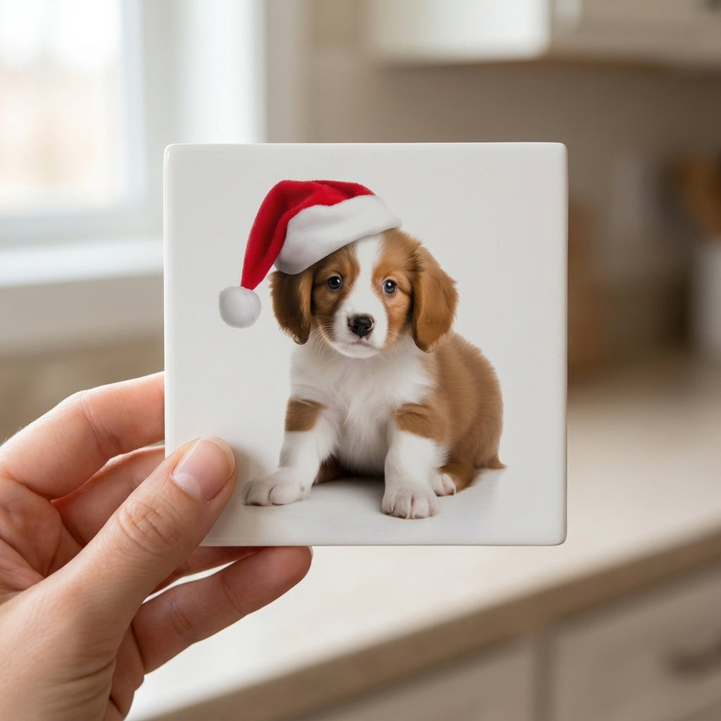 Kooikerhondje Puppy ceramic coasters set of 4, in hand