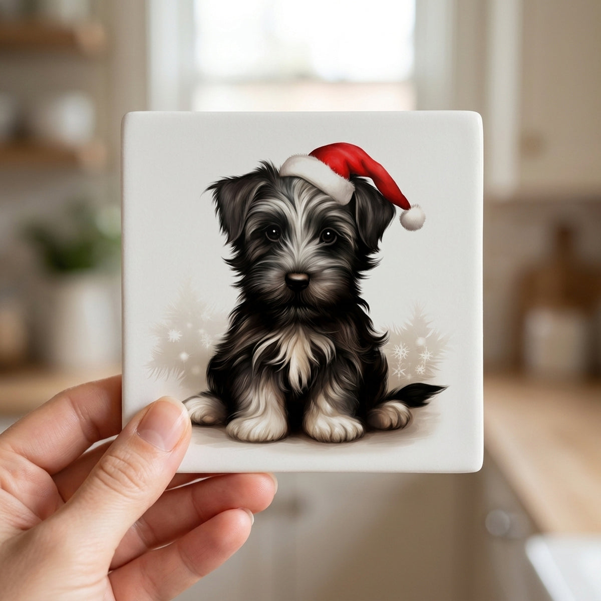Skye Terrier Puppy Drawing ceramic coasters set of 4, in hand