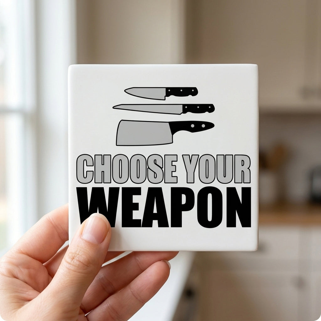 Choose Your Weapon - Chef Knives ceramic coasters set of 4, in hand