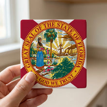 Florida State Flag ceramic coasters set of 4, in hand