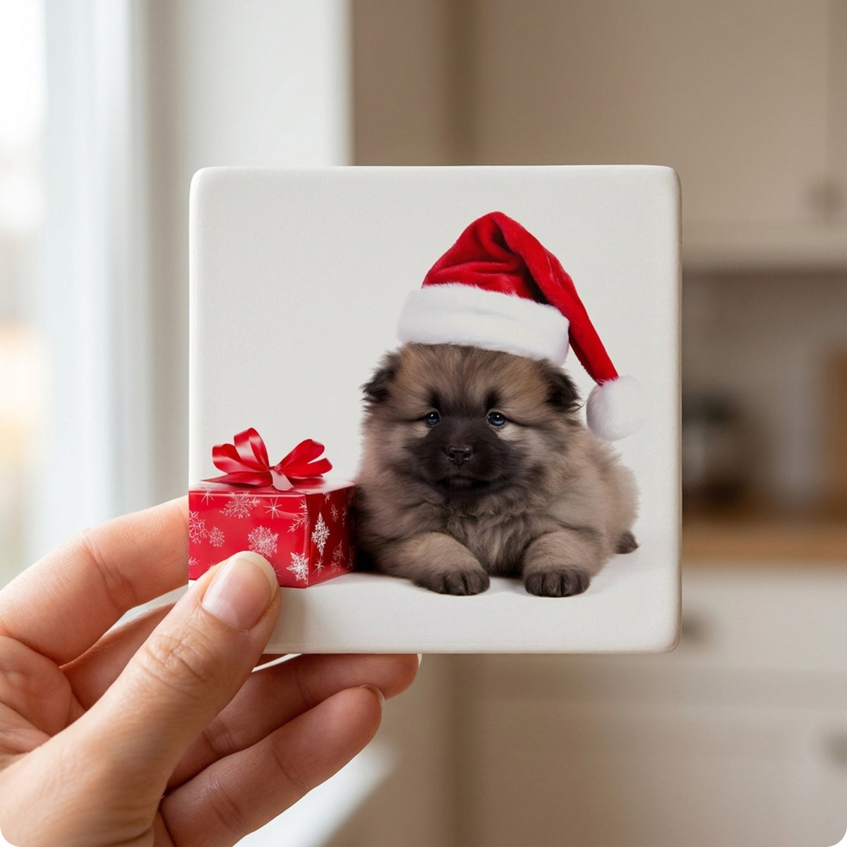 Keeshonden Puppy ceramic coasters set of 4, in hand