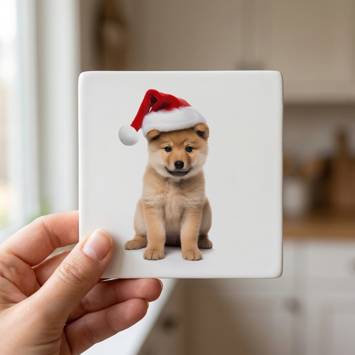 Finnish Spitz Puppy ceramic coasters set of 4, in hand