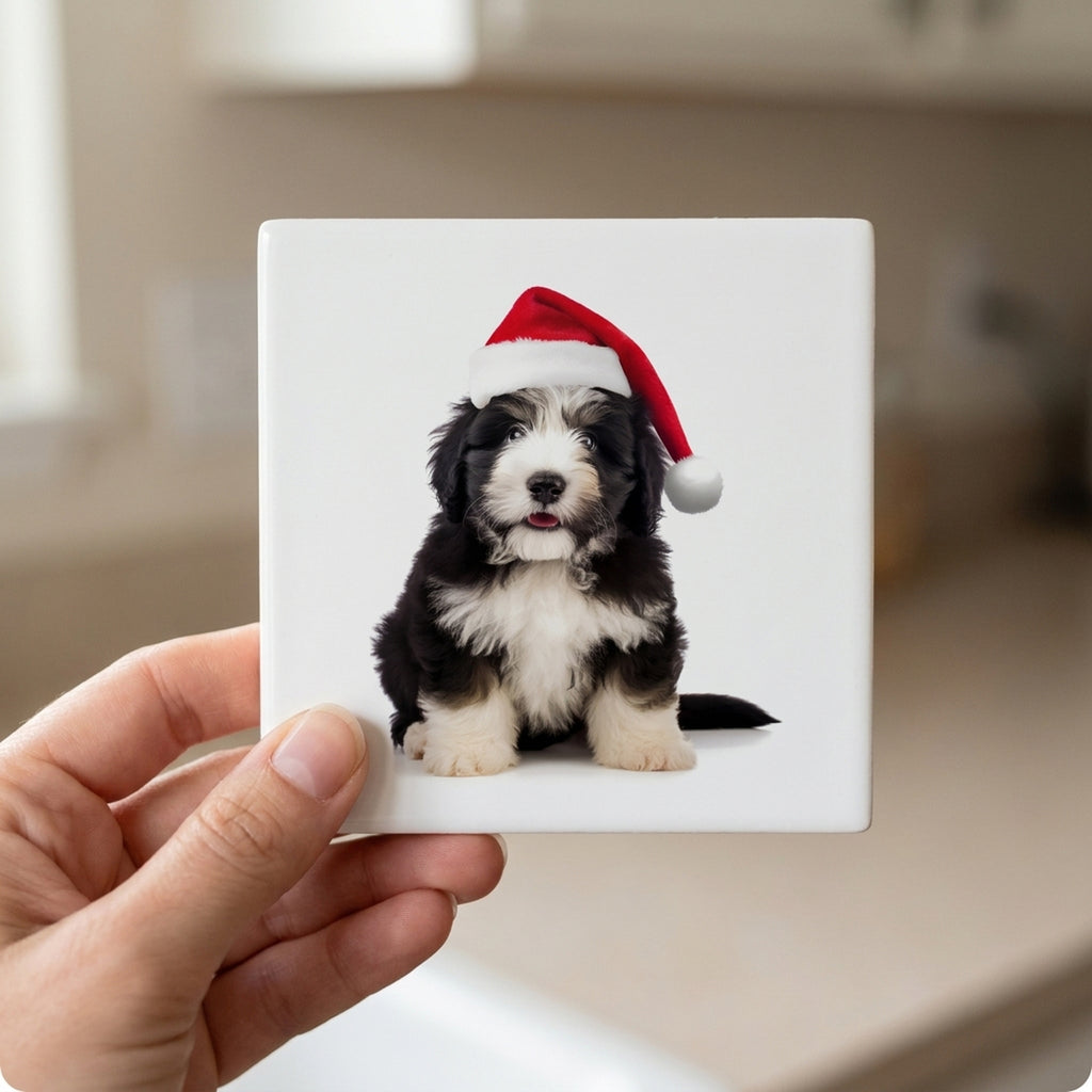 Polish Lowland Sheepdog Puppy ceramic coasters set of 4, in hand