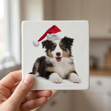 Collie Puppy ceramic coasters set of 4, in hand