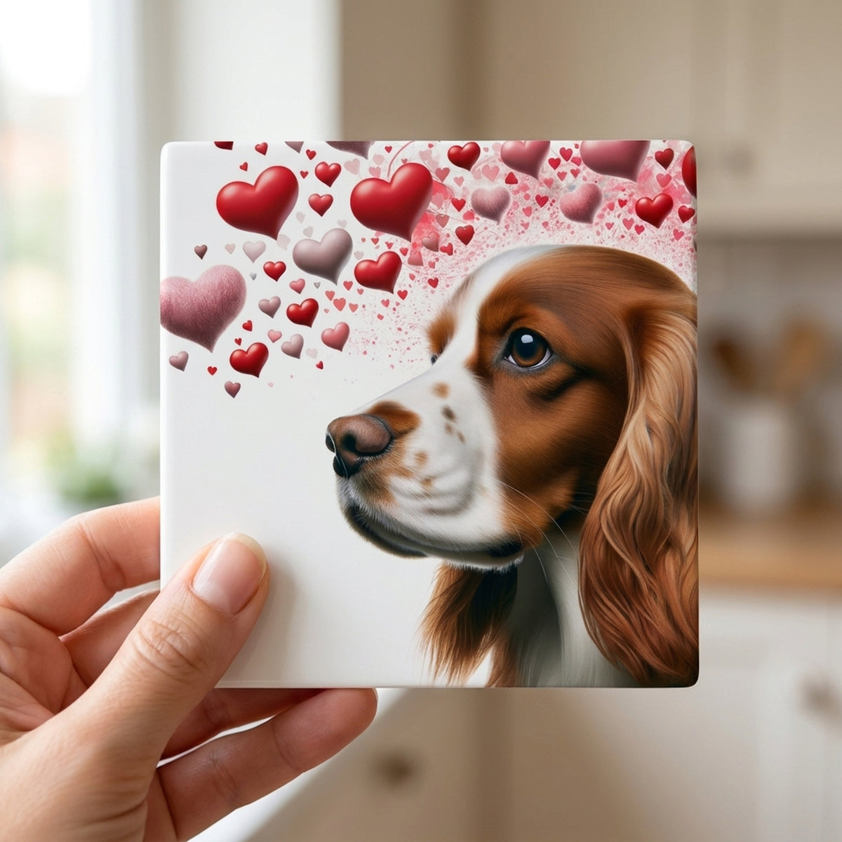 Welsh Springer Spaniel ceramic coasters set of 4, in hand