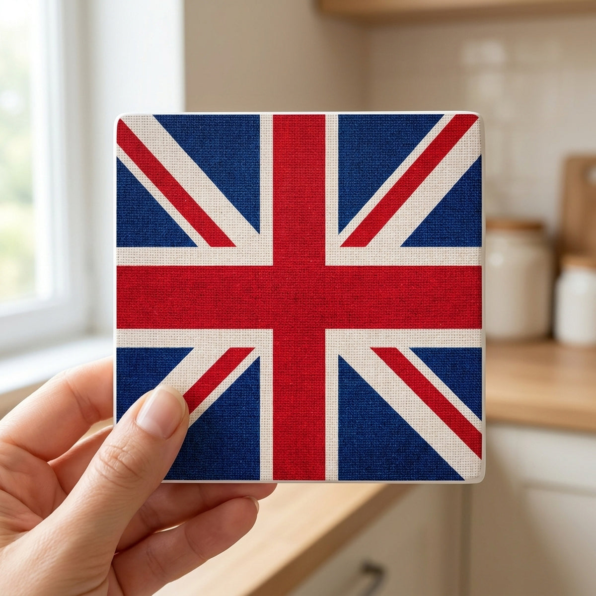 United Kingdom (Union Jack) Flag Pride ceramic coasters set of 4, in hand