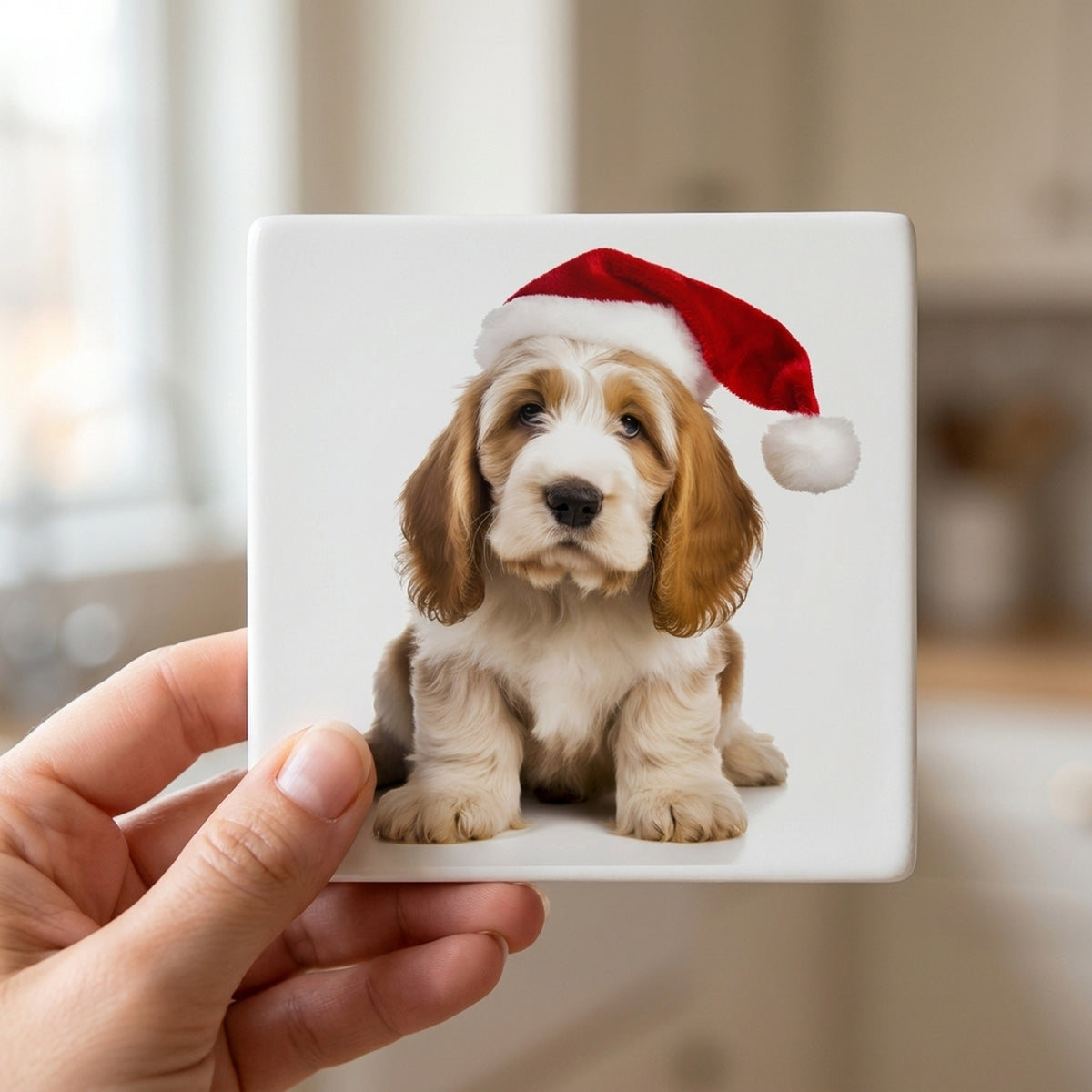 Grand Basset Griffon Vendéen Puppy ceramic coasters set of 4, in hand