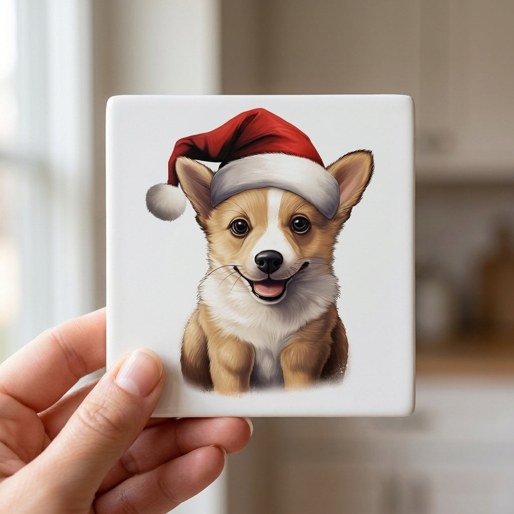 Norwegian Lundehund Puppy Drawing ceramic coasters set of 4, in hand