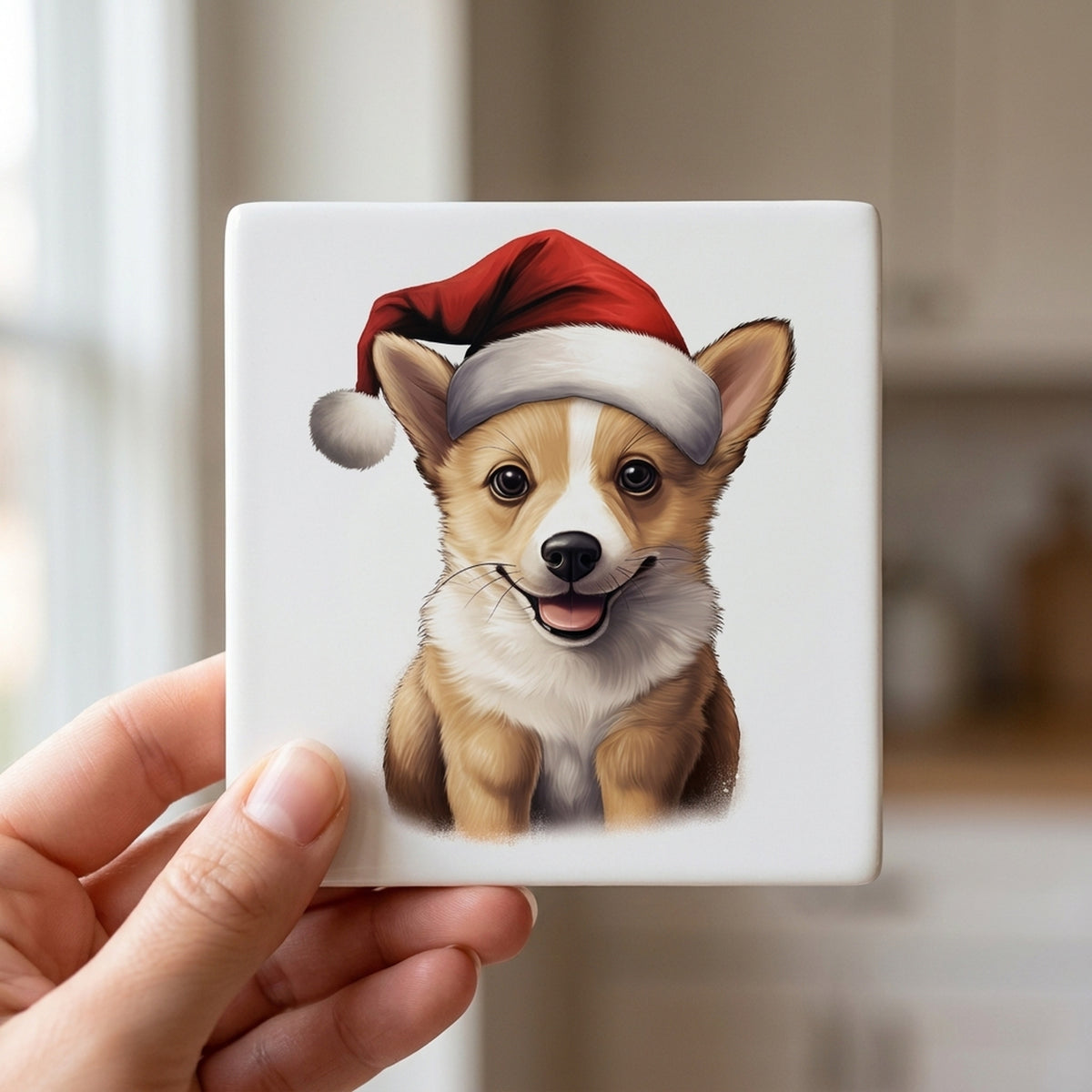 Norwegian Lundehund Puppy Drawing ceramic coasters set of 4, in hand