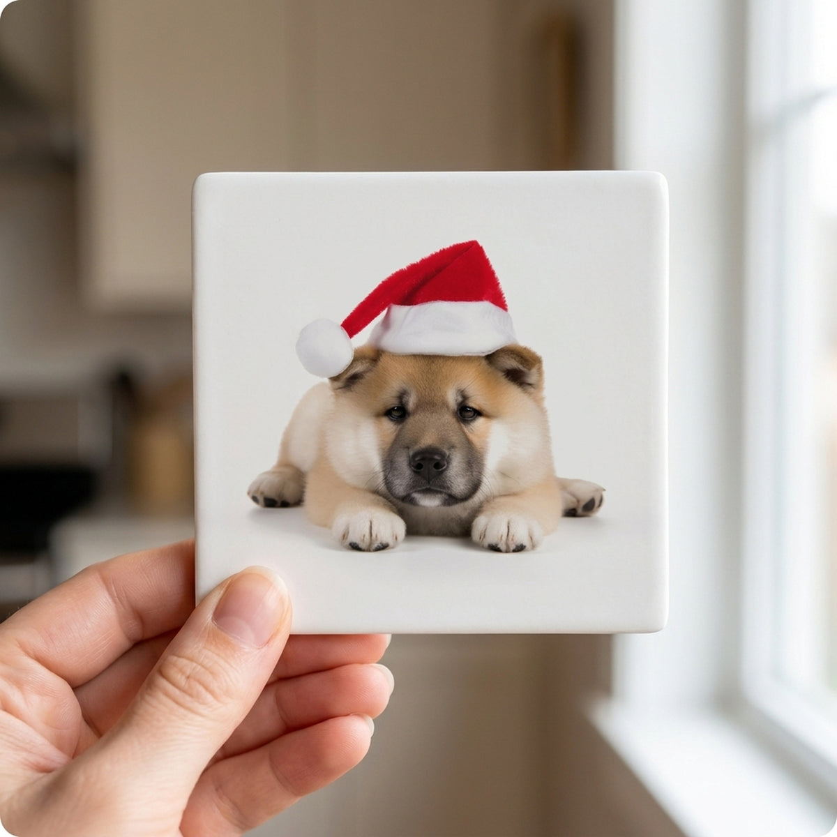 Akita Puppy ceramic coasters set of 4, in hand