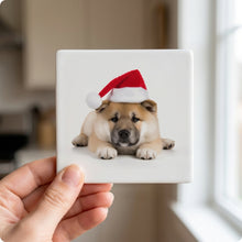 Akita Puppy ceramic coasters set of 4, in hand