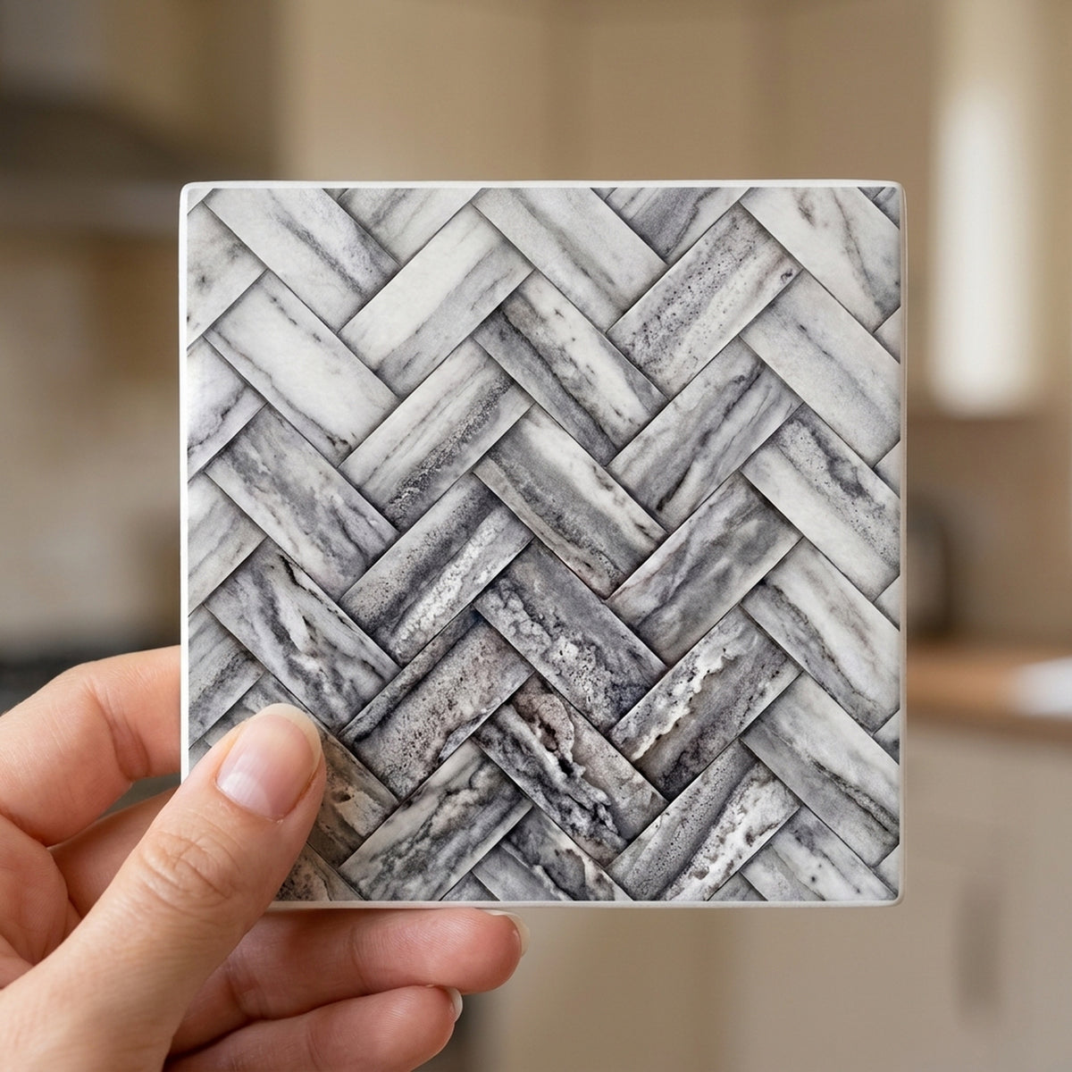 Herringbone ceramic coasters set of 4, in hand