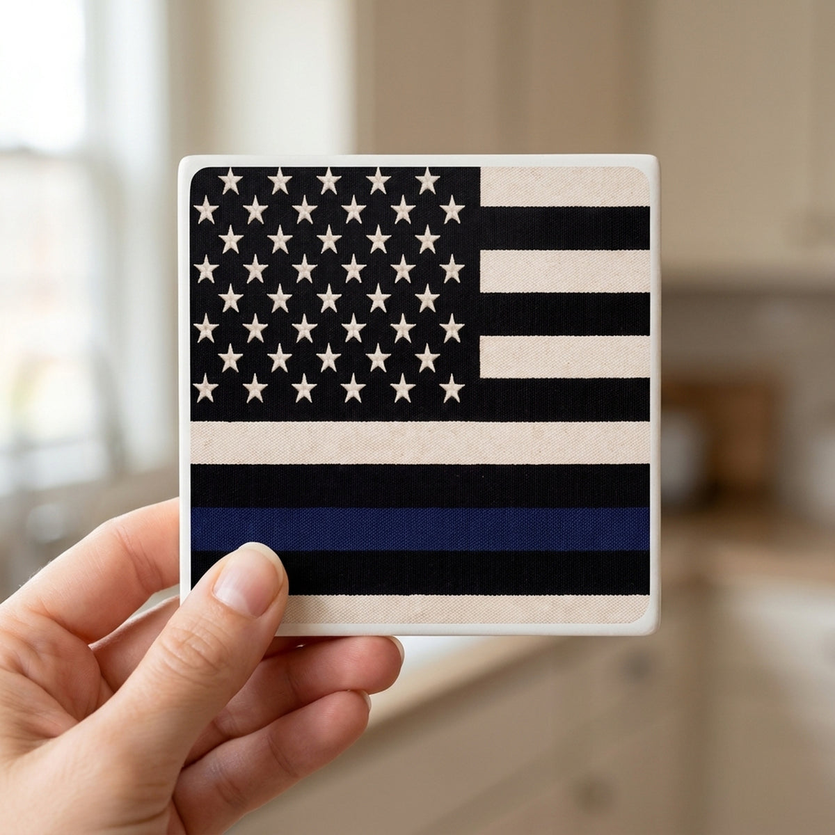 Thin Blue Line Flag ceramic coasters set of 4, in hand