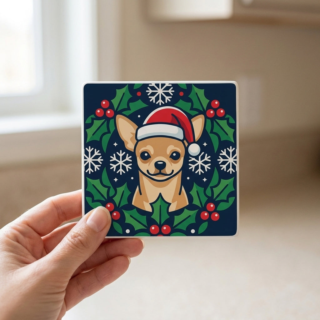 Chihuahua Christmas Ornament Art ceramic coasters set of 4, in hand