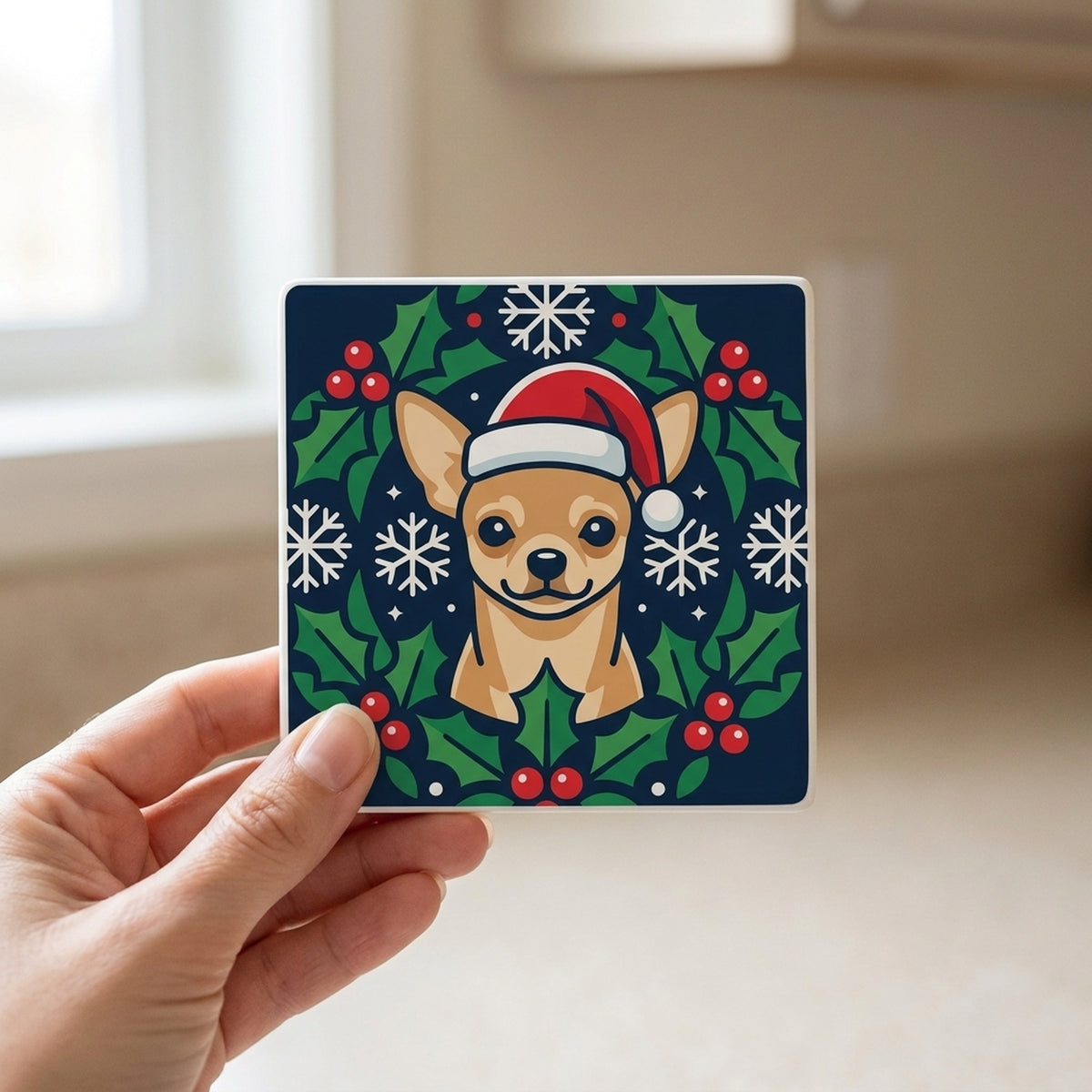 Chihuahua Christmas Ornament Art ceramic coasters set of 4, in hand