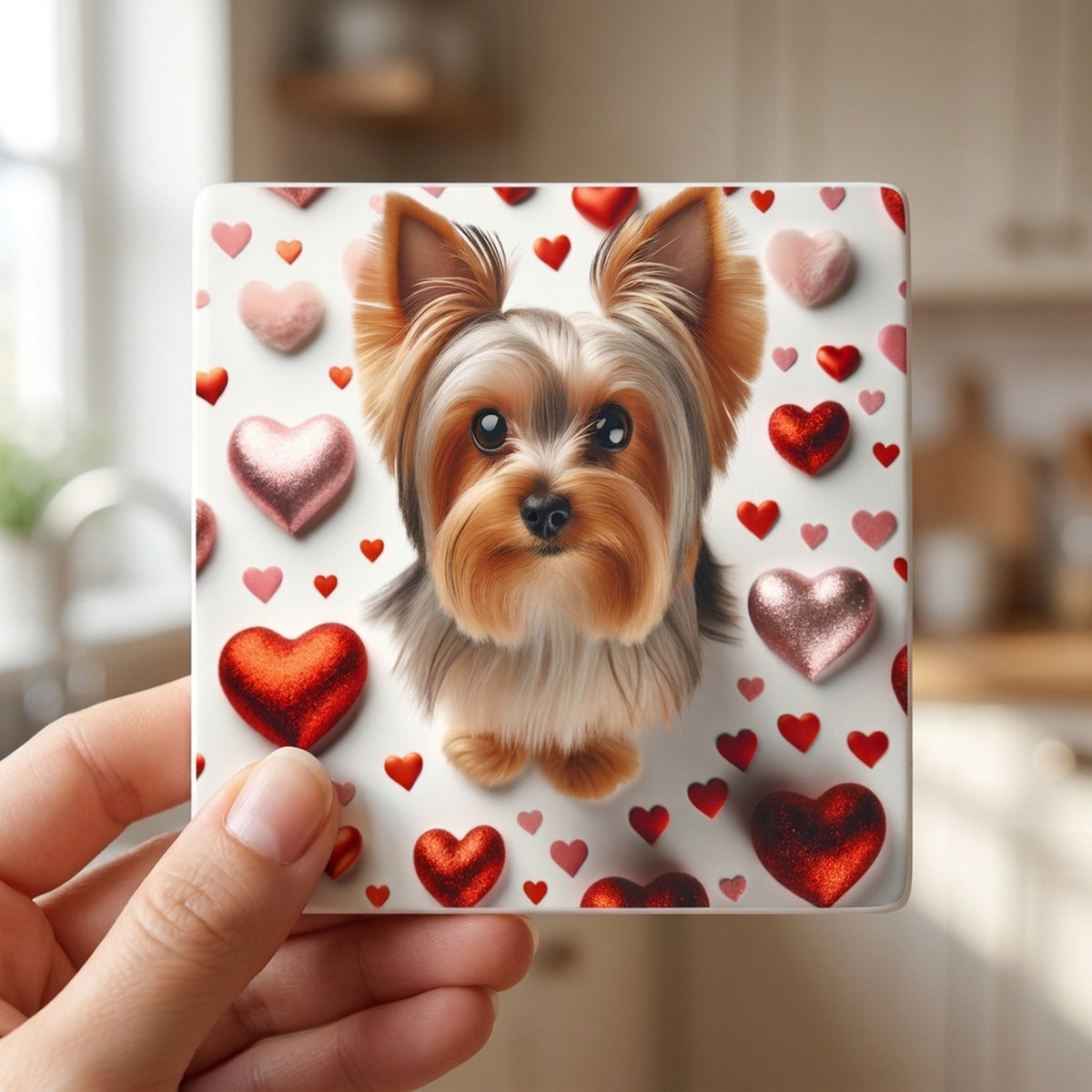 Yorkshire Terrier ceramic coasters set of 4, in hand