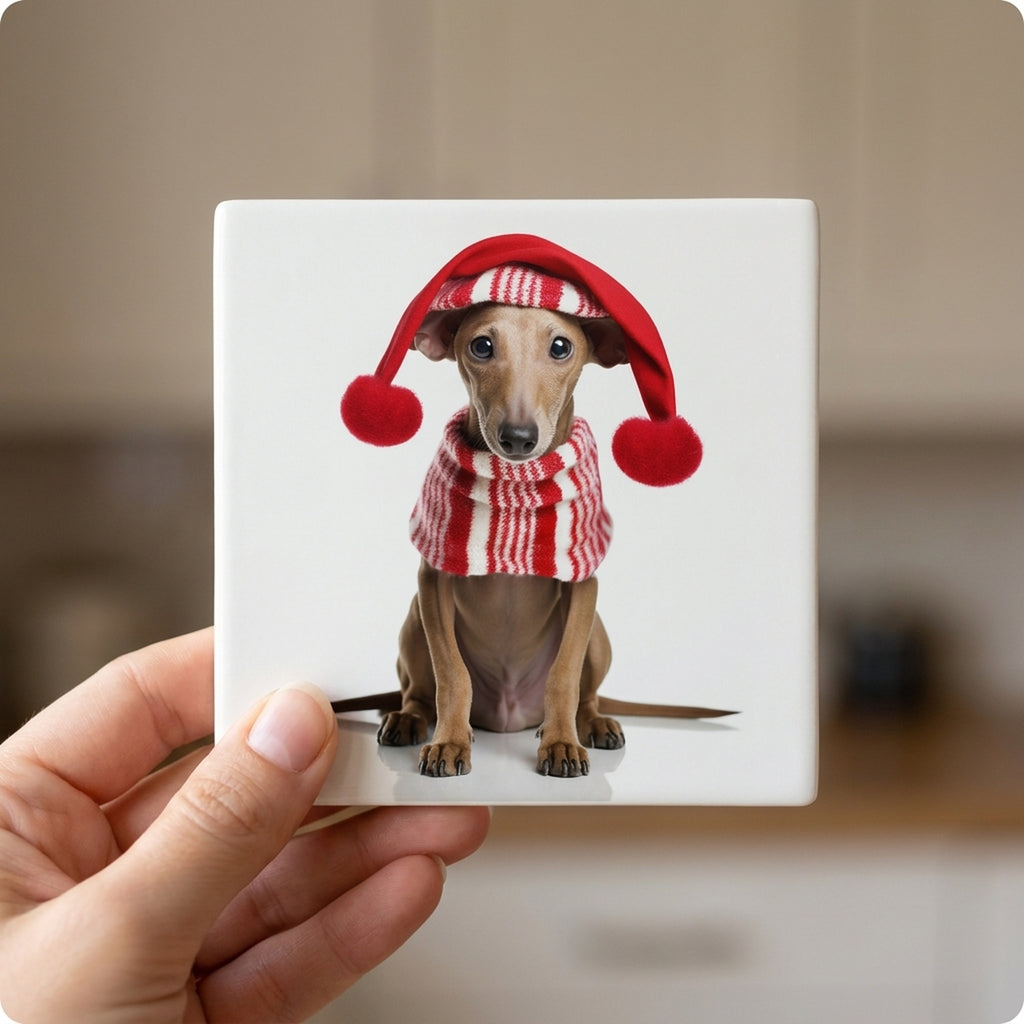 Azawakh Puppy ceramic coasters set of 4, in hand