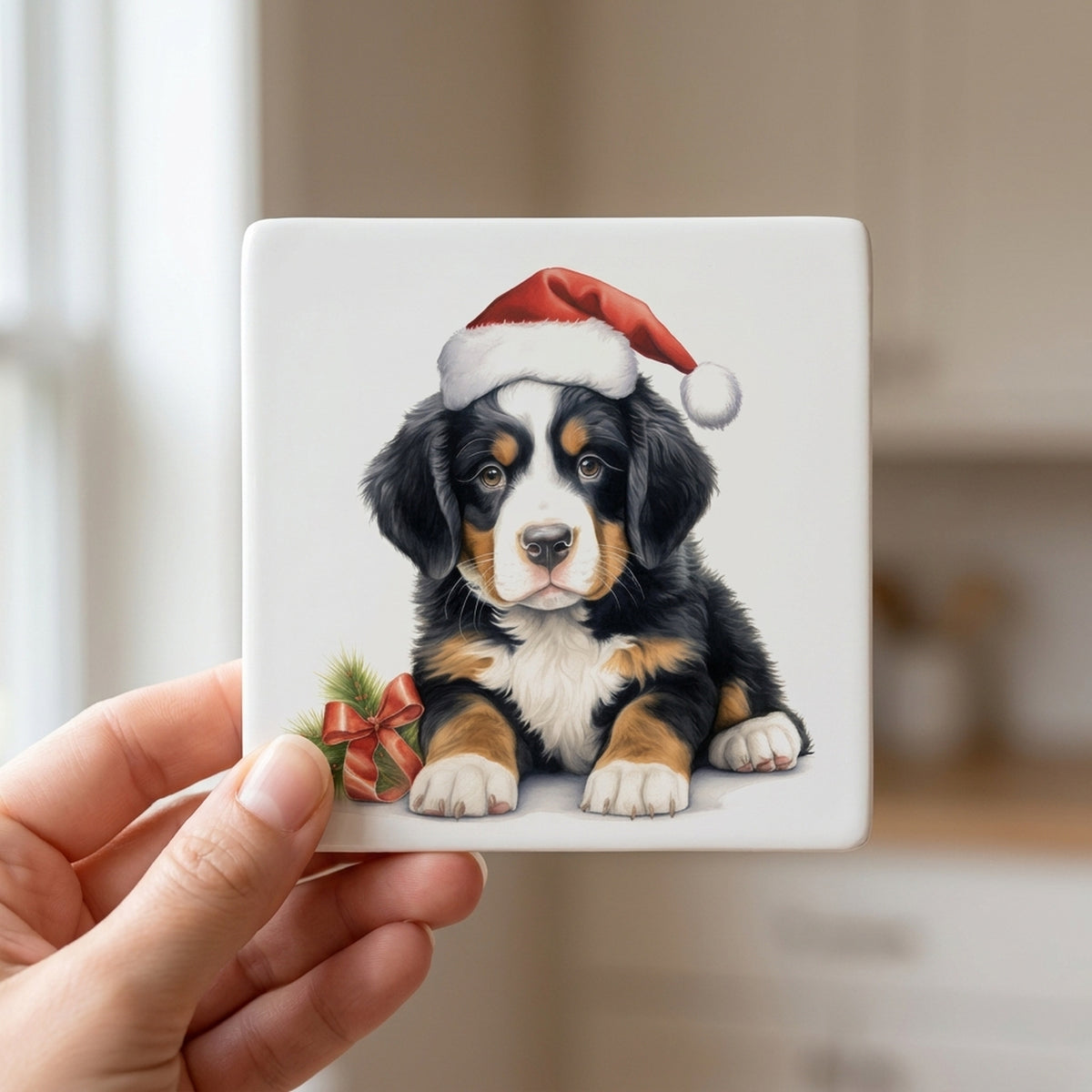 Bernese Mountain Dog Puppy Drawing ceramic coasters set of 4, in hand