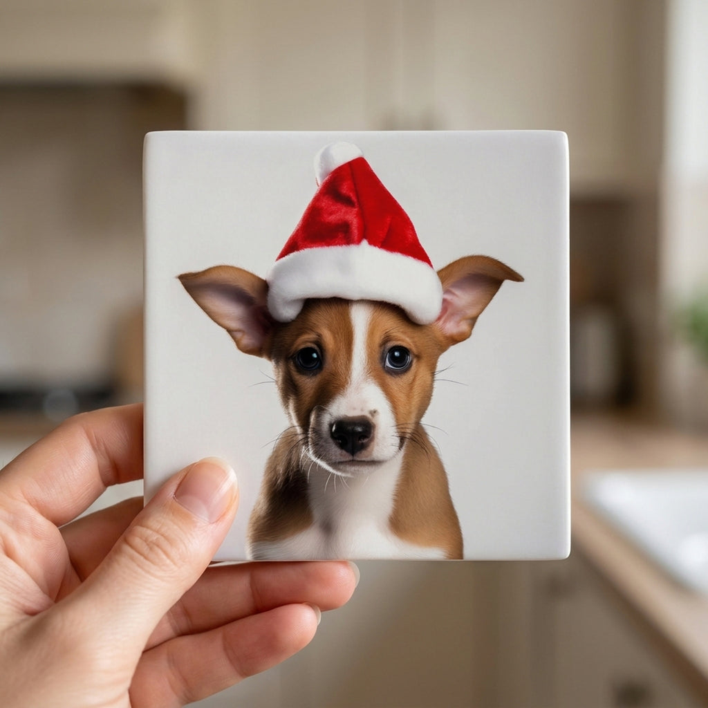 Basenji Puppy ceramic coasters set of 4, in hand
