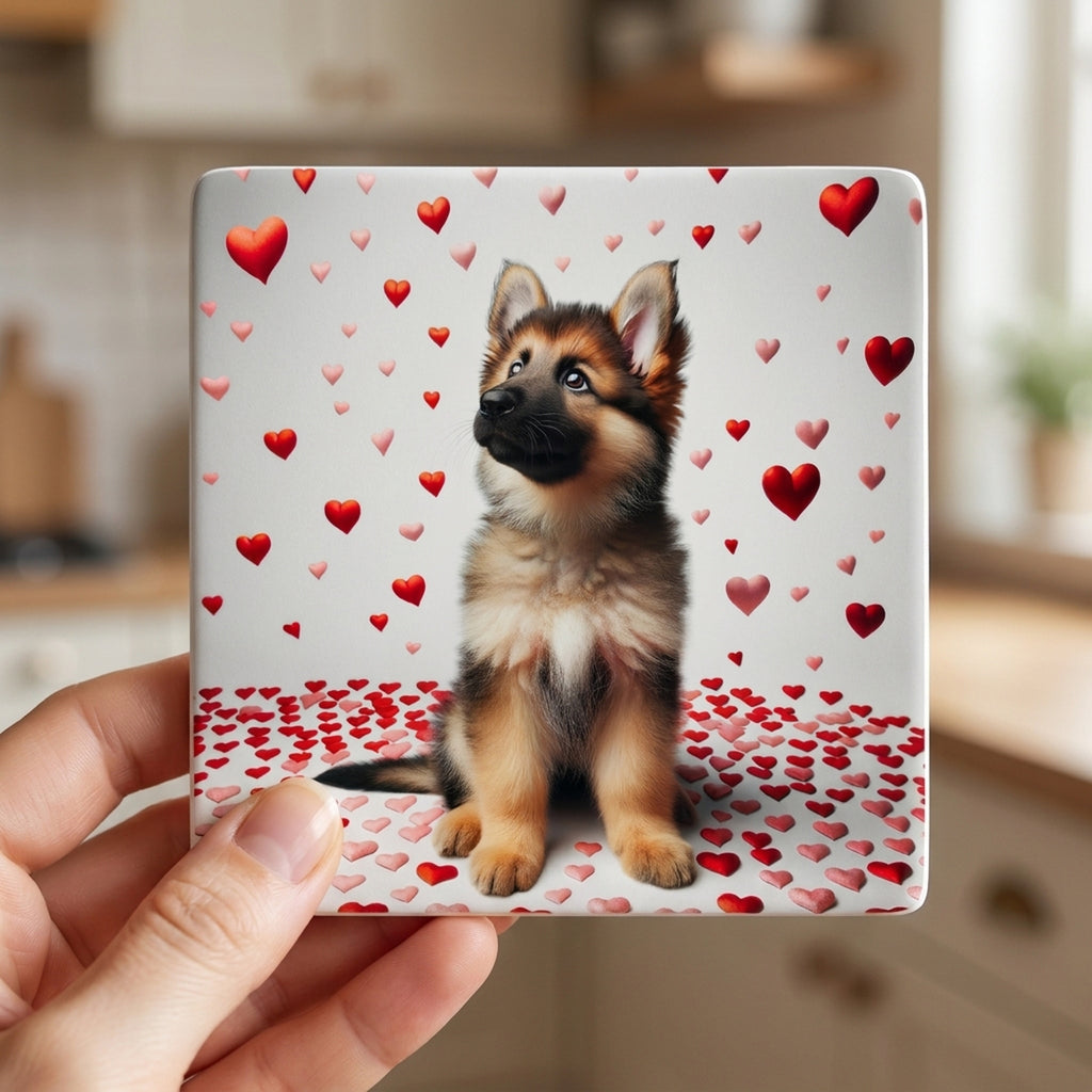 German Shepherd Dog ceramic coasters set of 4, in hand
