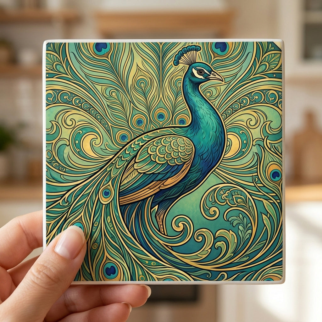 Art Nouveau Peacock ceramic coasters set of 4, in hand
