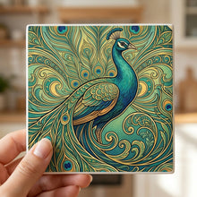 Art Nouveau Peacock ceramic coasters set of 4, in hand