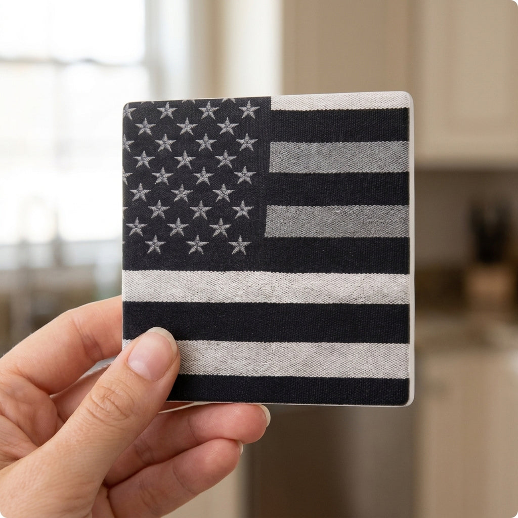 Black & White American Flag ceramic coasters set of 4, in hand